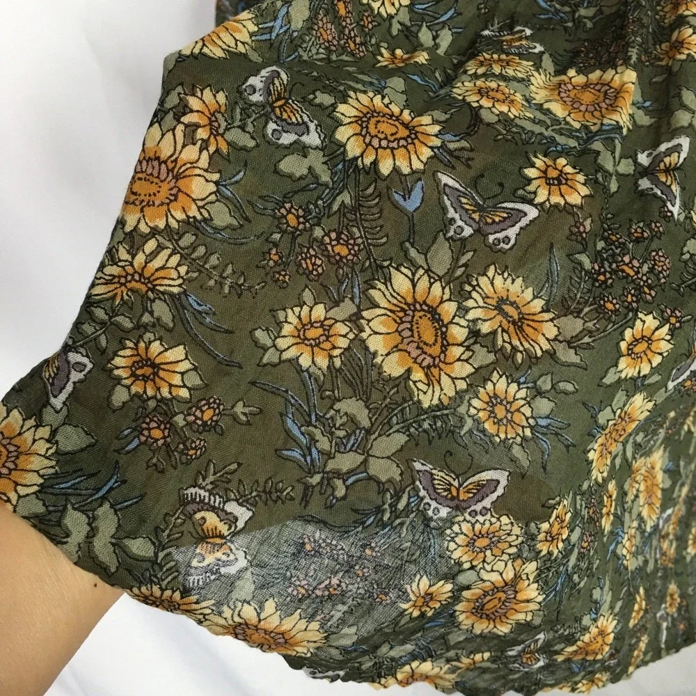 Natural Life Sunflower Butterfly Cotton Tunic Top L/XL Olive Green Boho Frayed